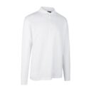 En hvid langærmet polo-shirt hænger mod en neutral, hvid baggrund. Skjorten er enkel uden mønster eller særprægede designdetaljer.