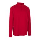 En rød langærmet poloshirt med krave og knapstolpe, placeret mod en hvid baggrund.