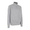 Grå sweatshirt med høj hals og kort lynlås, placeret i et hvidt studieomgivelse.