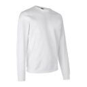 En hvid sweatshirt med lange ærmer er præsenteret på en hvid baggrund.