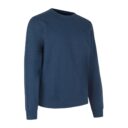 Blå sweatshirt med rund halsudskæring og lange ærmer, stående opret i en simpel, neutral ramme for at fremhæve tøjets detaljer.