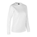 En hvid sweatshirt med rund hals, lange ærmer og en enkel, ensfarvet design, fotograferet mod en hvid baggrund.