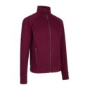 En rød jakke med lynlås står oprejst. To lynlåse er på sidelommerne. Baggrunden er hvid og blottet.