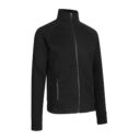 En sort jakke med høj krave og lynlås på forsiden ses stående alene mod en hvid baggrund. Jakken har lange ærmer og to lynlåslommer foran.