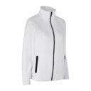 Hvid jakke med lynlås og to lynlåslommer, placeret på en hvid baggrund.