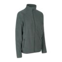 Grøn fleecejakke med høj krave og lynlås foran, placeret i minimalistisk, hvidt miljø. Jakken har lange ærmer og to lynlåslommer på forsiden.