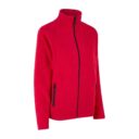 En rød fleecejakke med lynlås foran og høj krave. Jakken har to sidelommer med sorte lynlåse og er afbildet mod en hvid baggrund.