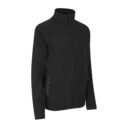 En sort fleecejakke med lynlås, høj hals og to sidelommer med lynlåse, placeret på en hvid baggrund.