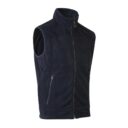 Mørkeblå fleecevest ligger på hvid baggrund med lynlås fortil og høj krave. To lynlåslommer vises på fronten.