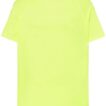 En neongul T-shirt er placeret mod en hvid baggrund. Teksten "HR" er trykt på etiketten ved halsudskæringen.