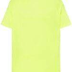 En neongul T-shirt er placeret mod en hvid baggrund. Teksten "HR" er trykt på etiketten ved halsudskæringen.