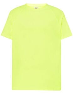 En neongul T-shirt er placeret mod en hvid baggrund. Teksten "HR" er trykt på etiketten ved halsudskæringen.