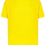 En ensfarvet gul T-shirt vises centreret mod en hvid baggrund. T-shirten er foldet symmetrisk med korte ærmer og rund halsudskæring.