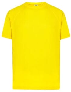 En ensfarvet gul T-shirt vises centreret mod en hvid baggrund. T-shirten er foldet symmetrisk med korte ærmer og rund halsudskæring.