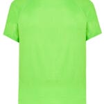 En lys grøn T-shirt vises forfra. Den kortærmede T-shirt har søm ved skuldrene og en rund hals. Baggrunden er hvid.