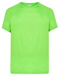 En lys grøn T-shirt vises forfra. Den kortærmede T-shirt har søm ved skuldrene og en rund hals. Baggrunden er hvid.