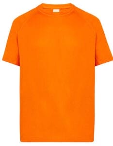 En kortærmet, ensfarvet orange T-shirt er afbildet på en hvid baggrund. Trøjen har en rund halsudskæring og fremstår uden nogen form for tekst eller grafik.