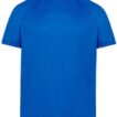 En klar blå t-shirt med korte ærmer og rund hals er vist mod en hvid baggrund.