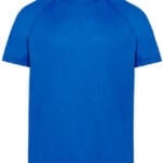 En klar blå t-shirt med korte ærmer og rund hals er vist mod en hvid baggrund.