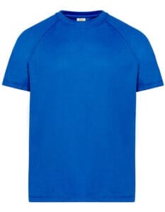 En klar blå t-shirt med korte ærmer og rund hals er vist mod en hvid baggrund.