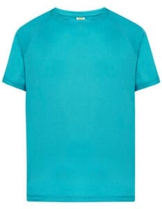 En kortærmet turkis T-shirt vist forfra på en hvid baggrund. På halsudskæringen sidder en lille mærkat med teksten "RUFF".