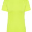 En neongul t-shirt uden mønster vises forfra under neutrale lysforhold. På mærket ved halsudskæringen står teksten "JHK".