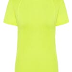 En neongul t-shirt uden mønster vises forfra under neutrale lysforhold. På mærket ved halsudskæringen står teksten "JHK".