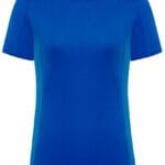 Blå T-shirt hænger på neutral baggrund. Øverste mærkedel viser "JHK". Ingen tekst eller grafik på tøjet.