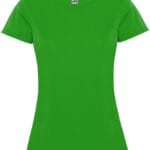 En grøn T-shirt med korte ærmer og rund hals hænger mod en hvid baggrund. Etiket i nakken viser logoet "Roly".