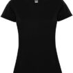 En sort T-shirt på en hvid baggrund. T-shirten vises forfra, og der er en lille etikette ved kraven med et logo.