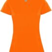 En orange T-shirt vises forfra på en hvid baggrund. T-shirten har korte ærmer og er mærket med et "Roly"-logo på nakken.