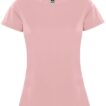 Lyserød t-shirt hænger på en usynlig bøjle mod en hvid baggrund. T-shirten er kortærmet med rund halsudskæring. Et label med teksten "ROLY" er synligt midt i nakken.