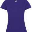 En lilla t-shirt vises forfra. T-shirten har korte ærmer og en rund halsudskæring. Et mærke med teksten "ROLY" er synligt på indersiden ved halsen.