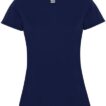 En mørkeblå T-shirt hænger frit mod en hvid baggrund. Der er et mærkat ved halsudskæringen med teksten "SOL'S".