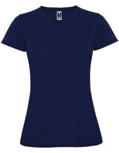 En mørkeblå T-shirt hænger frit mod en hvid baggrund. Der er et mærkat ved halsudskæringen med teksten "SOL'S".