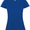 Blå T-shirt hængende frit, med kortærmede ærmer, i et neutral, hvid baggrund. Øverst på indersiden ses et mærke med teksten "Roly."