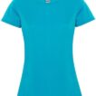 En turkis t-shirt hænger i en neutral, hvid baggrund; mærket øverst viser et sort kanin-logo og teksten "Roly".