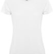 Hvid t-shirt med korte ærmer og rund hals vises mod en hvid baggrund. Et sort logo med teksten "Roly" er synligt på indersiden af kraven.