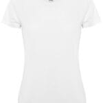 Hvid t-shirt med korte ærmer og rund hals vises mod en hvid baggrund. Et sort logo med teksten "Roly" er synligt på indersiden af kraven.