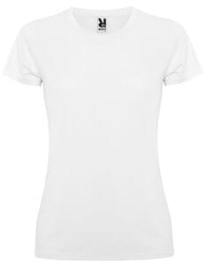 Hvid t-shirt med korte ærmer og rund hals vises mod en hvid baggrund. Et sort logo med teksten "Roly" er synligt på indersiden af kraven.
