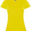En neongul t-shirt hænger lodret med kort ærme og rund halsudskæring. Et sort og hvidt mærke med en kanin og teksten "Roly" ses på indersiden af kraven.