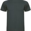 En mørkegrøn kortærmet T-shirt hænger mod en neutral baggrund, uden tekst eller mønstre.