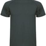 En mørkegrøn kortærmet T-shirt hænger mod en neutral baggrund, uden tekst eller mønstre.