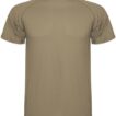 En beige kortærmet T-shirt er præsenteret mod en hvid baggrund. T-shirten har en rund halsudskæring og er klassisk i sit design uden mønster.