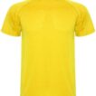 En gul kortærmet T-shirt foldet fladt ud på en hvid baggrund. T-shirten har en rund halsudskæring og en enkel design uden synlige logoer eller mønstre.