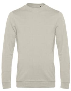 En lysegrå sweatshirt hænger frit med langærmede ærmer og rund halsudskæring. Den er placeret mod en simpel, ensfarvet baggrund.
