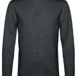 En mørkegrå sweater med lange ærmer og rund hals ligger fladt i et neutralt belysningsmiljø uden tekst eller dekorationer.