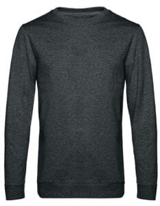 En mørkegrå sweater med lange ærmer og rund hals ligger fladt i et neutralt belysningsmiljø uden tekst eller dekorationer.