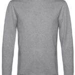 En grå sweatshirt med lange ærmer ligger mod en hvid baggrund. Der er ingen grafiske elementer eller tekst på sweatshirtens front.