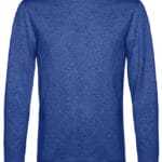 Blå sweatshirt med lange ærmer og rund hals, placeret mod en hvid baggrund.